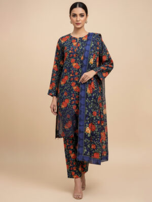 Dark Blue wholesale embroidered linen 3pc suits for ladies
