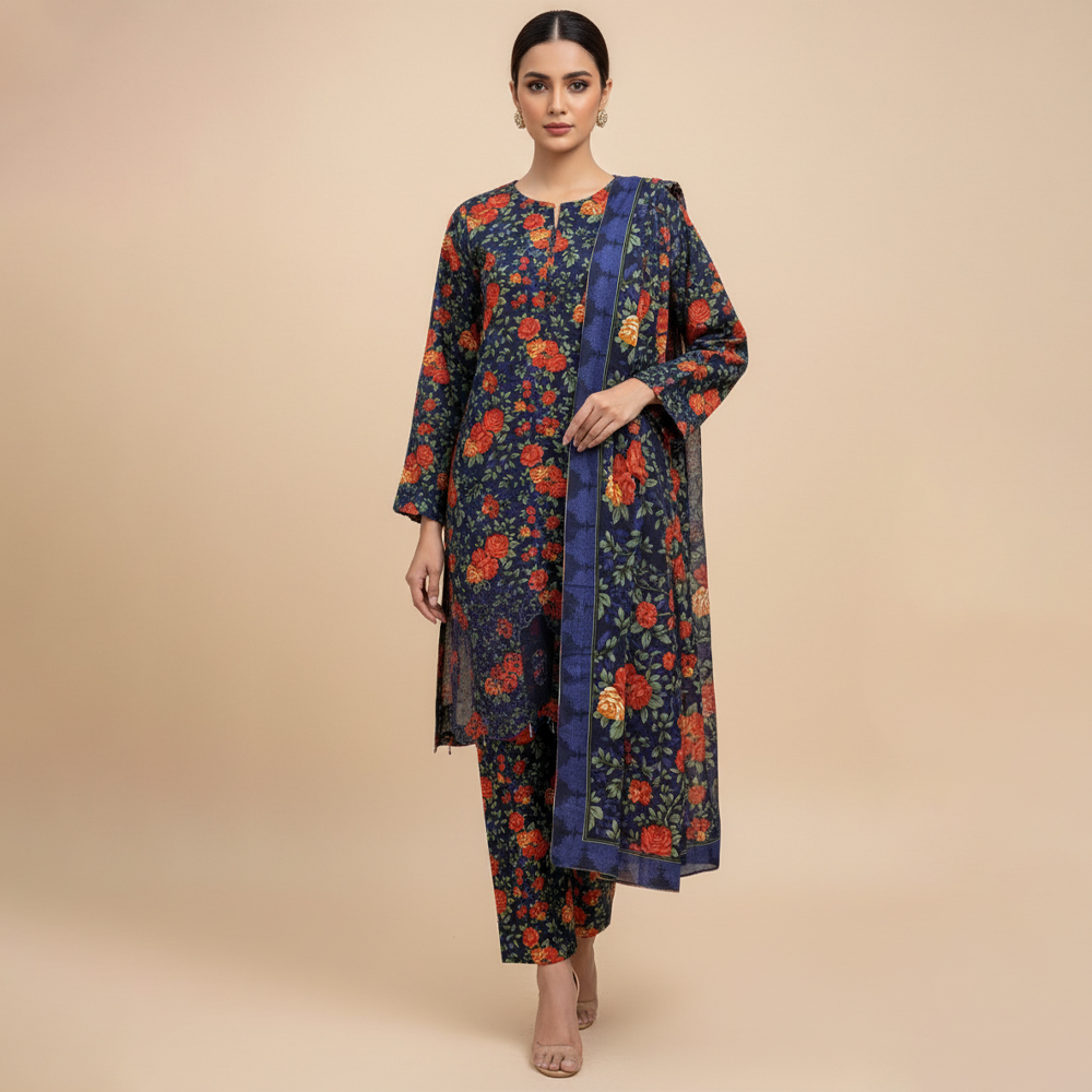 Dark Blue wholesale embroidered linen 3pc suits for ladies