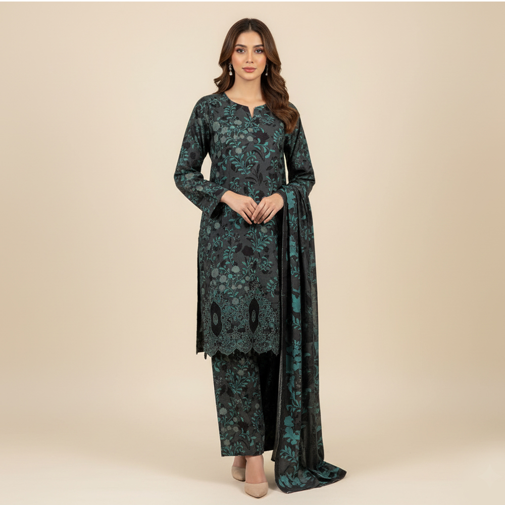 Dark Grey wholesale embroidered linen 3pc suits for ladies