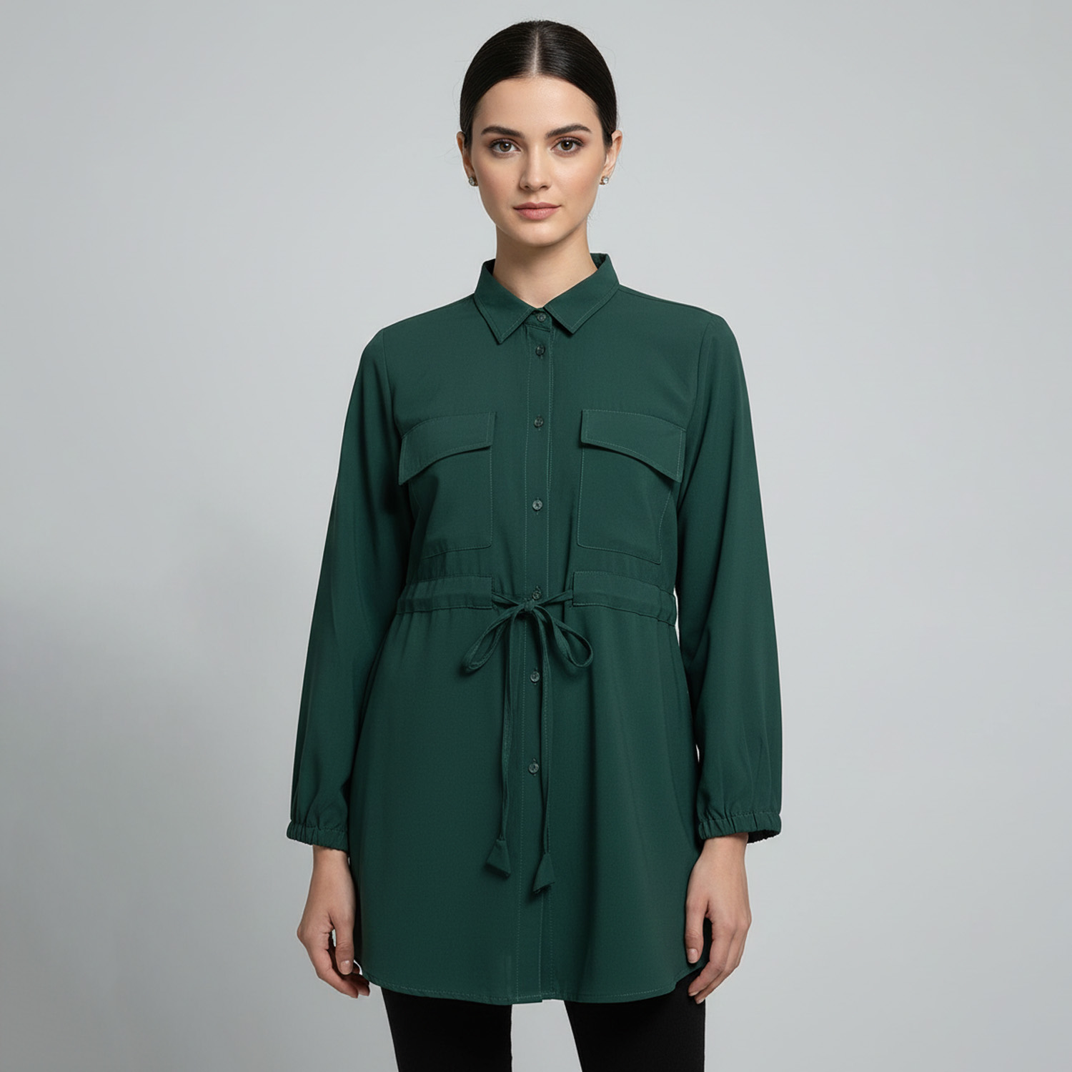 Deep Green Color Wholesale Tunic with Tie-Waist
