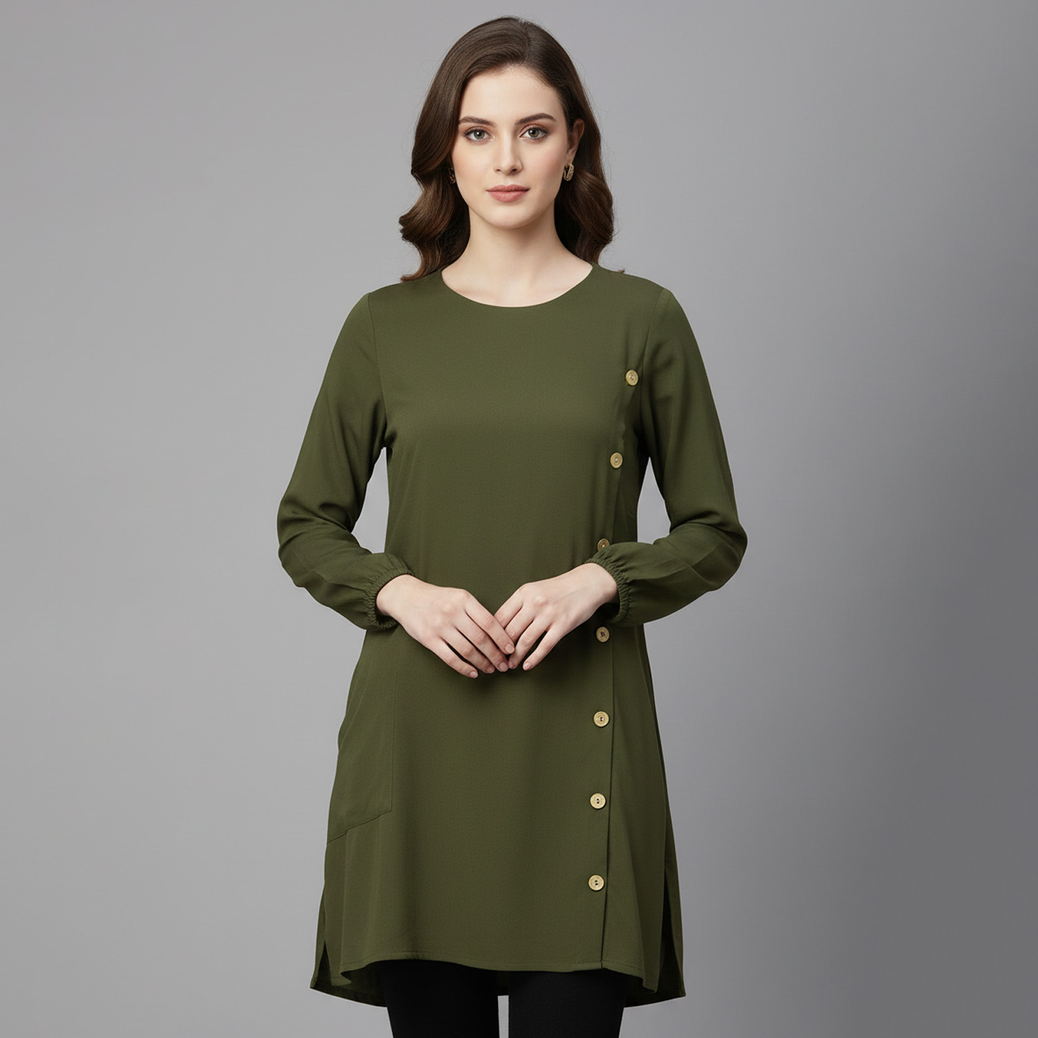 Olive green women's wholesale tunic top with side pocket UK