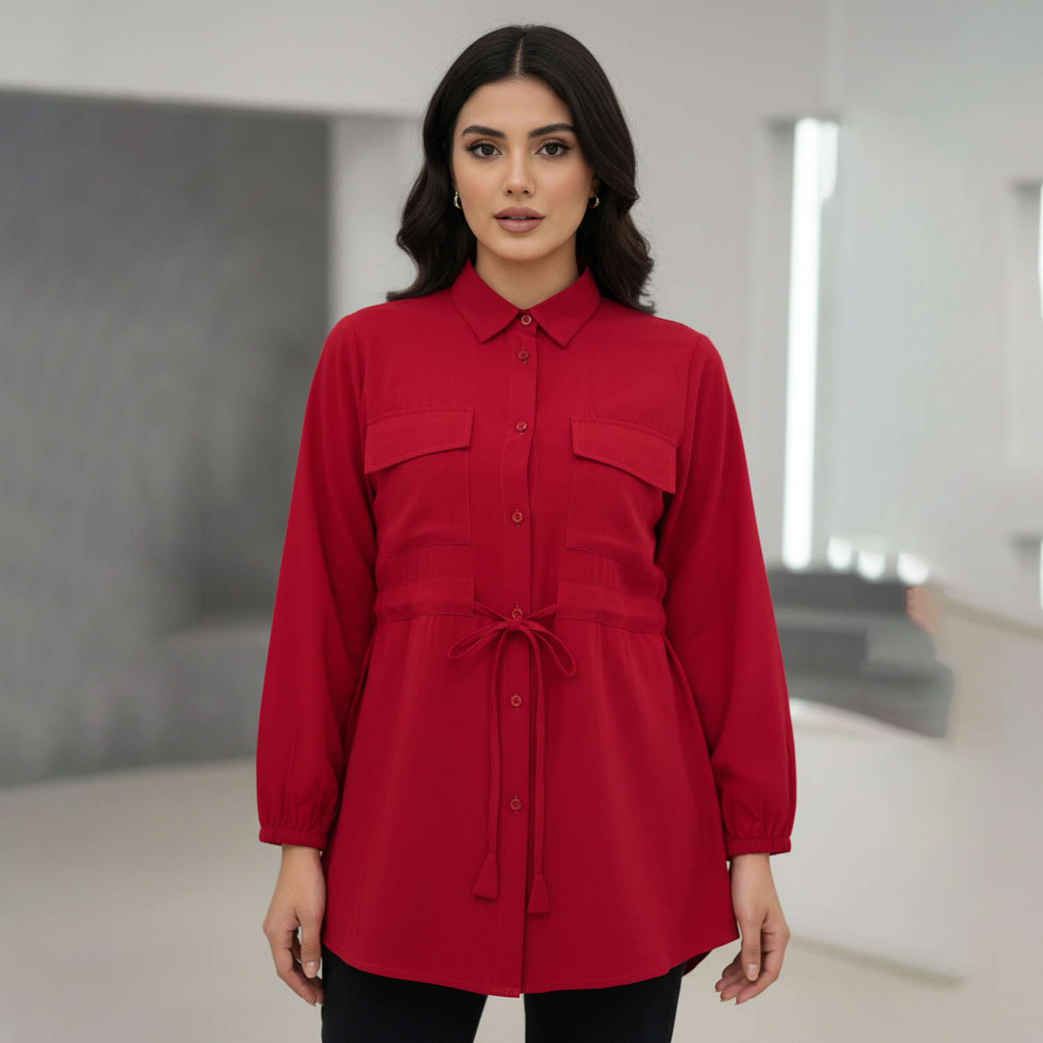 Vibrant Red Wholesale Tunic with Tie-Waist