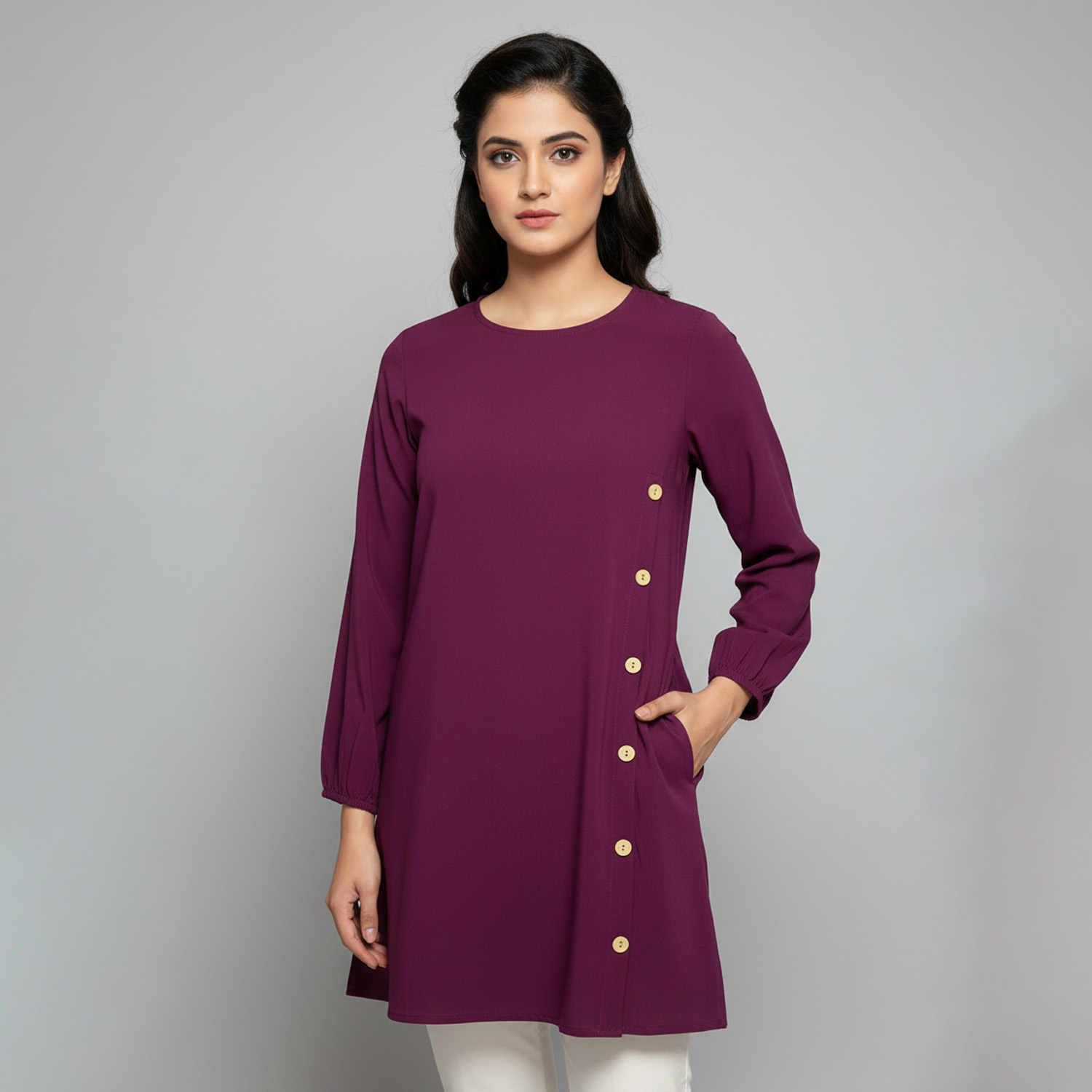 Vibrant purple women's wholesale tunic top with side pocket