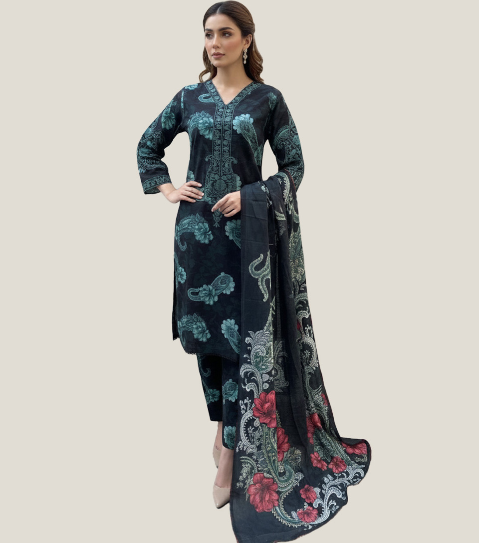 Charcoal black embroidered wholesale pakistani khaddar suit