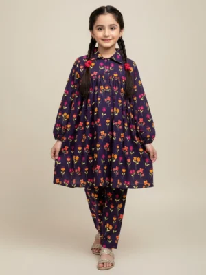 Purple Girls Casual Wear Wholesale Floral Print Suit
