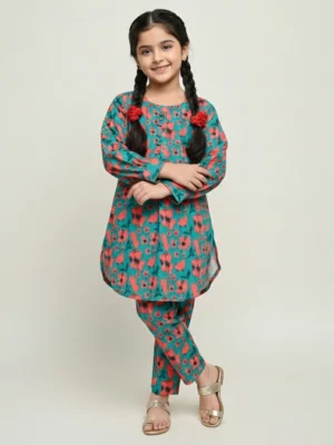 Teal Color Vibrant Floral Girls Casual Wear Wholesale Dress