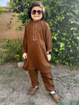 Brown Wholesale Kids Embroidered Pakistani Shalwar Kameez for Boys