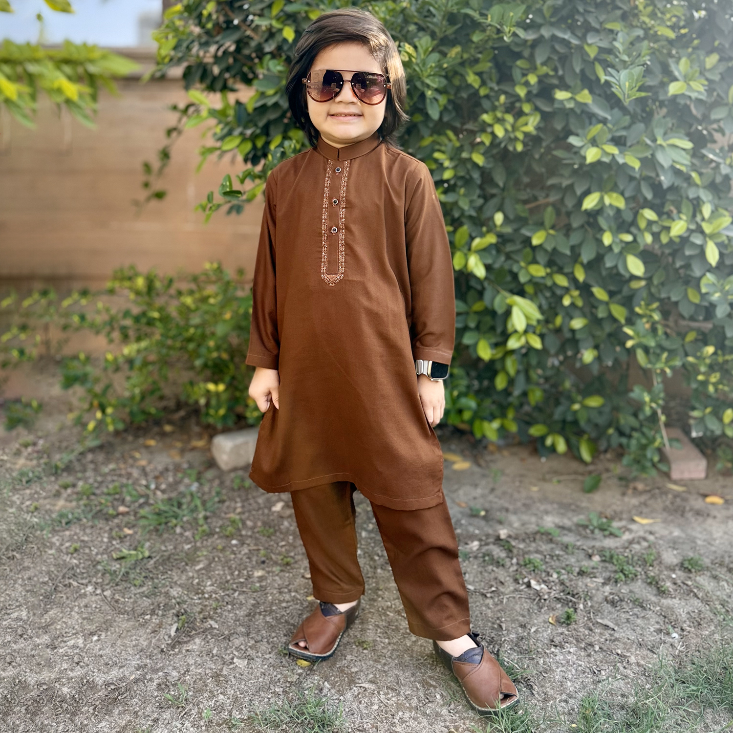 Brown Wholesale Kids Embroidered Pakistani Shalwar Kameez for Boys