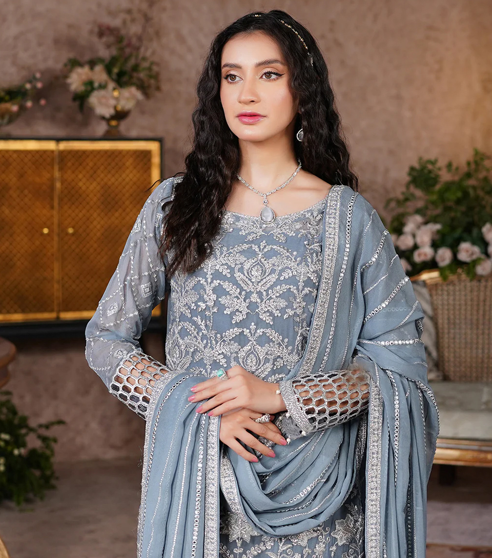 Bluish Grey Pakistani Chiffon Suits Wholesale