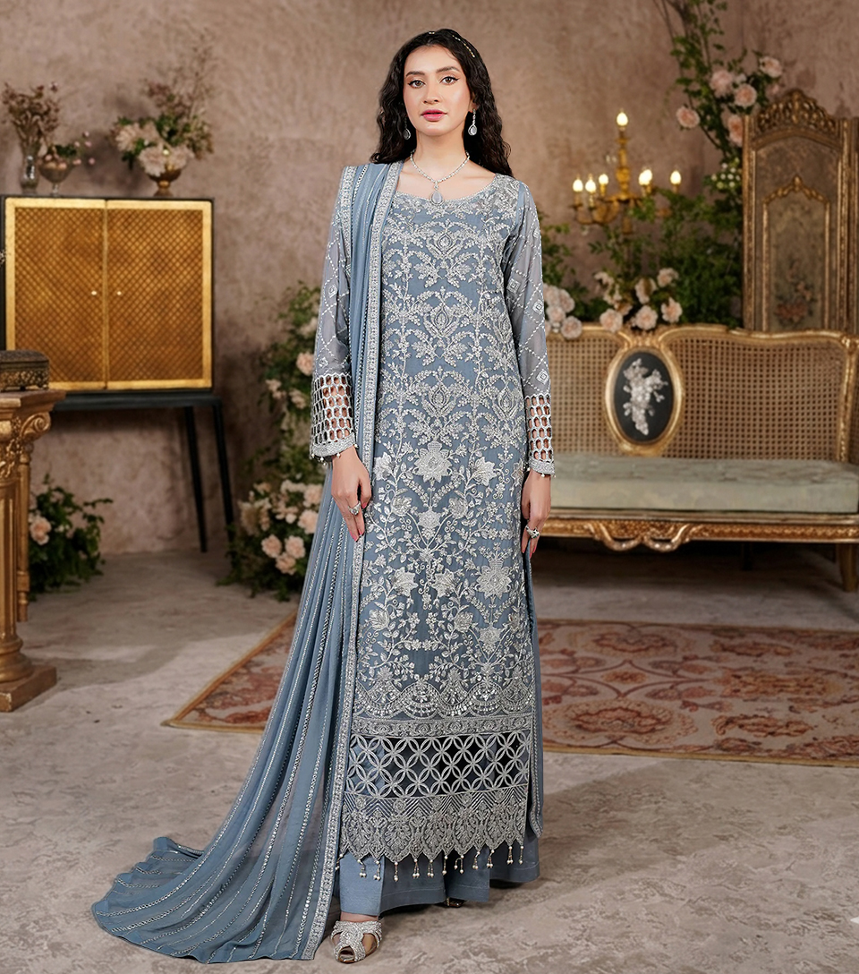 Bluish Grey Pakistani Chiffon Suits Wholesale