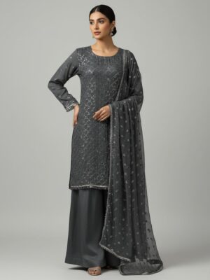 Premium Embroidered Dark Grey Pakistani Chiffon Suit Wholesale