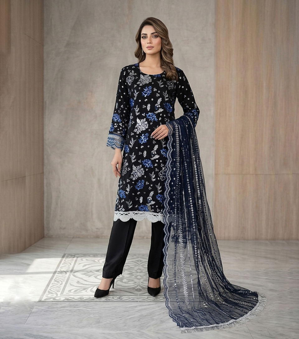 Deep Black Wholesale Pakistani Chiffon Suit
