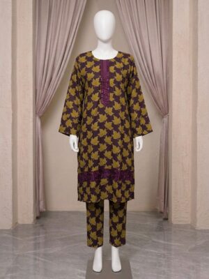 Deep Plum & Mustard Leaf Print Linen Suit Wholesale