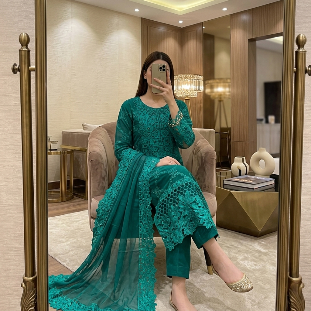 Emerald Green Pakistani wholesale chiffon suit.