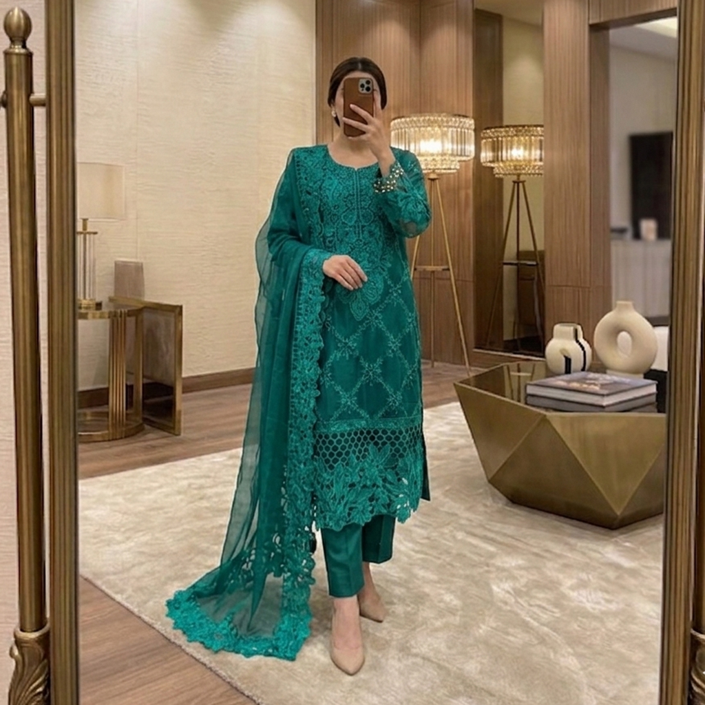 Emerald Green Pakistani wholesale chiffon suit