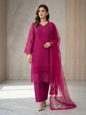 Magenta Pakistan Wholesale Chiffon Suit