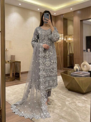 Silver Grey Wholesale Pakistani Chiffon Suit