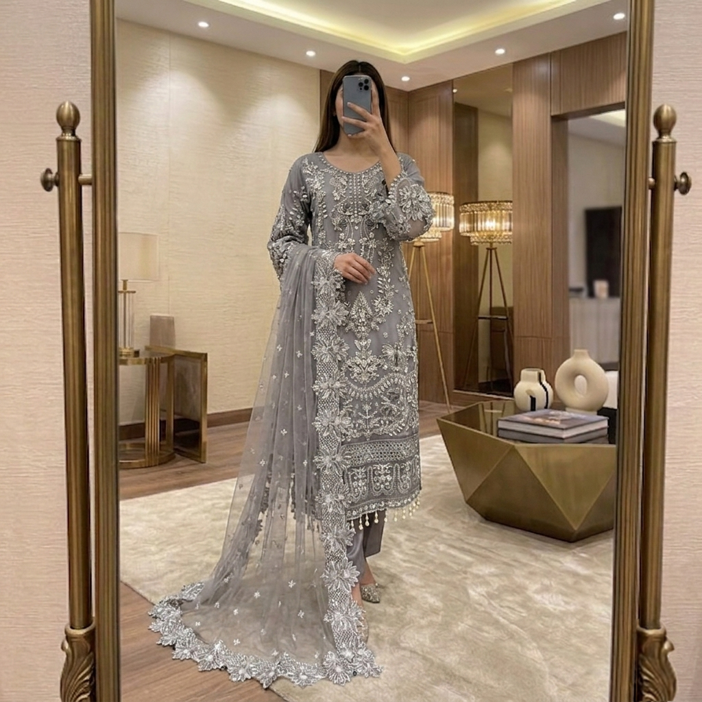 Silver Grey Wholesale Pakistani Chiffon Suit