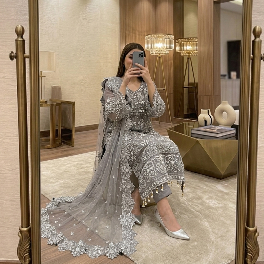 Silver Grey Wholesale Pakistani Chiffon Suit
