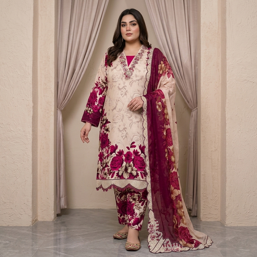 Beige Magenta Pakistani Wholesale Suit