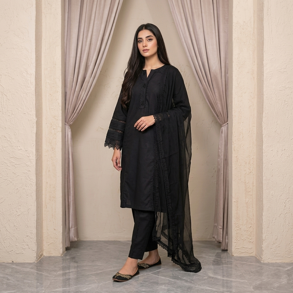 Black Solid Pakistani Wholesale Suit