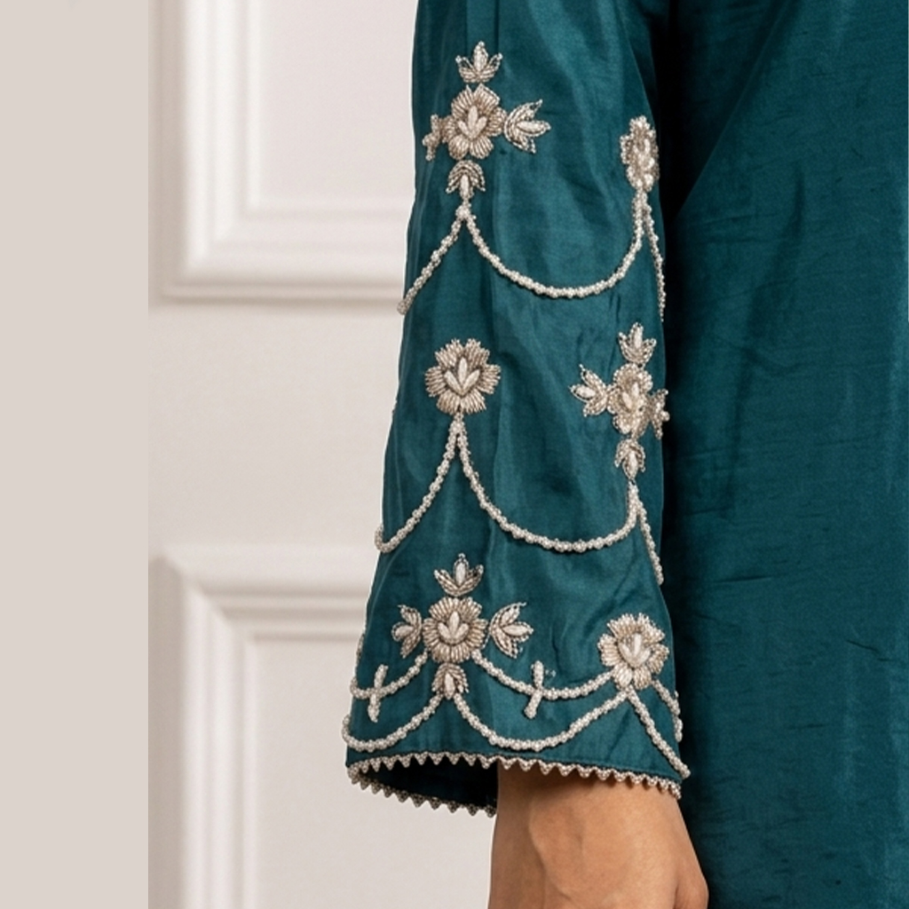 Bluish Cyan Silk 3pc Outfit Made to Order