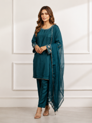 Bluish Cyan Silk 3pc Outfit Made to Order