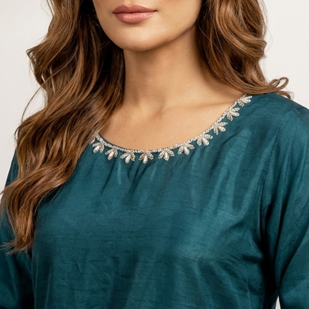 Bluish Cyan Silk 3pc Outfit Made to Order