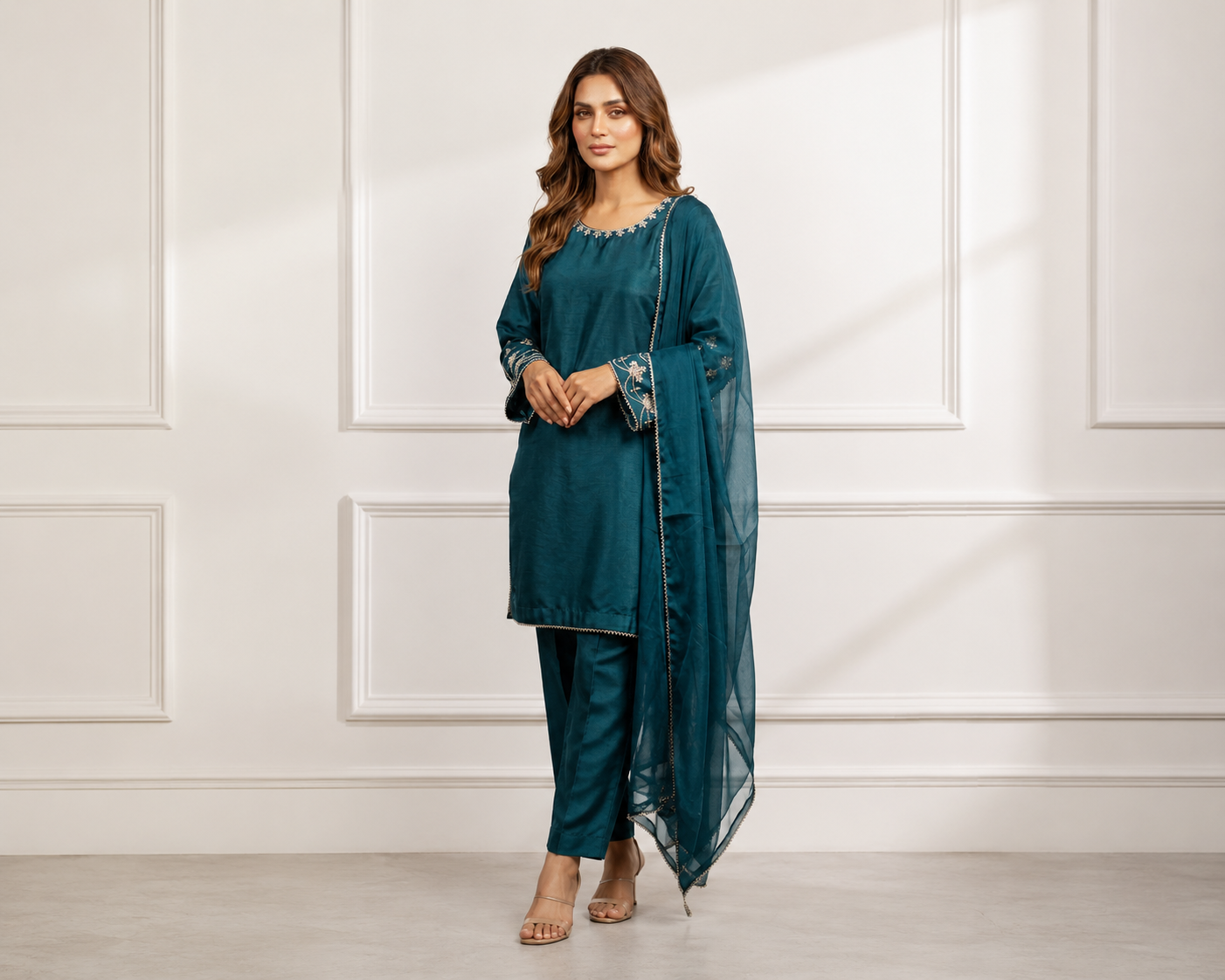 Bluish Cyan Silk 3pc Outfit Made to Order