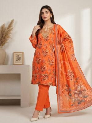 Bright Orange Stitched 3pc Wholesale Lawn Suits