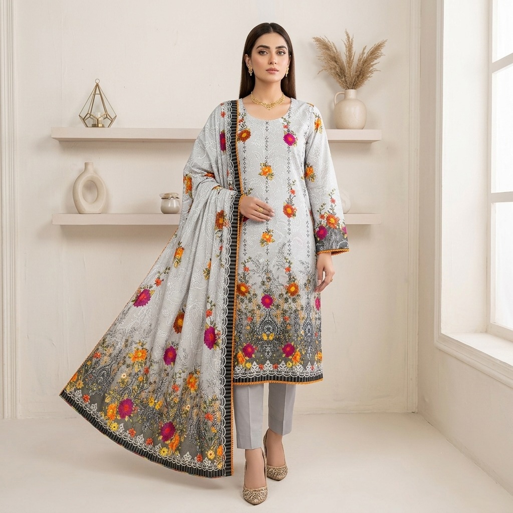 Elegant Icy Grey Printed Bin Saeed Wholesale Lawn Suit