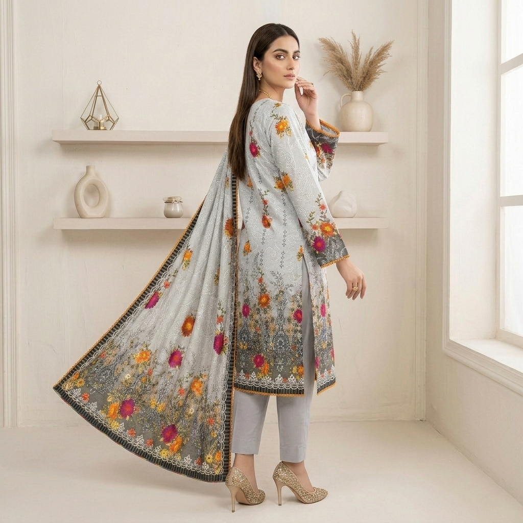Elegant Icy Grey Printed Bin Saeed Wholesale Lawn Suit