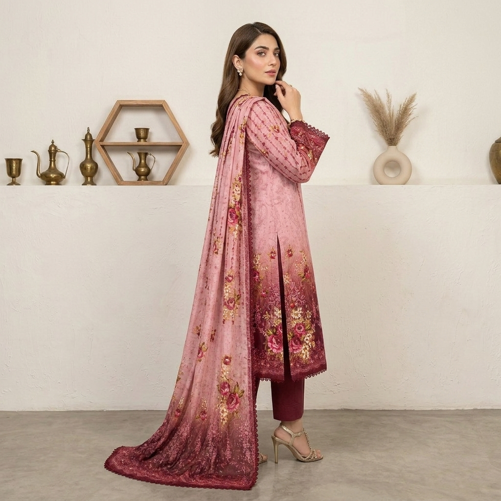 Elegant Pink 3 Piece Lawn Bin Saeed Wholesale Dress