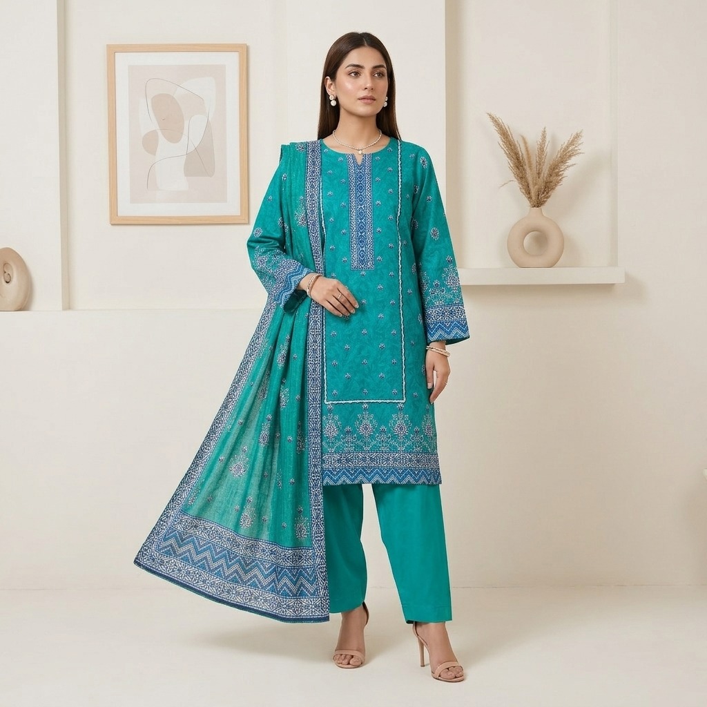 Elegant Turquoise Wholesale Bin Saeed Lawn Shalwar Kameez