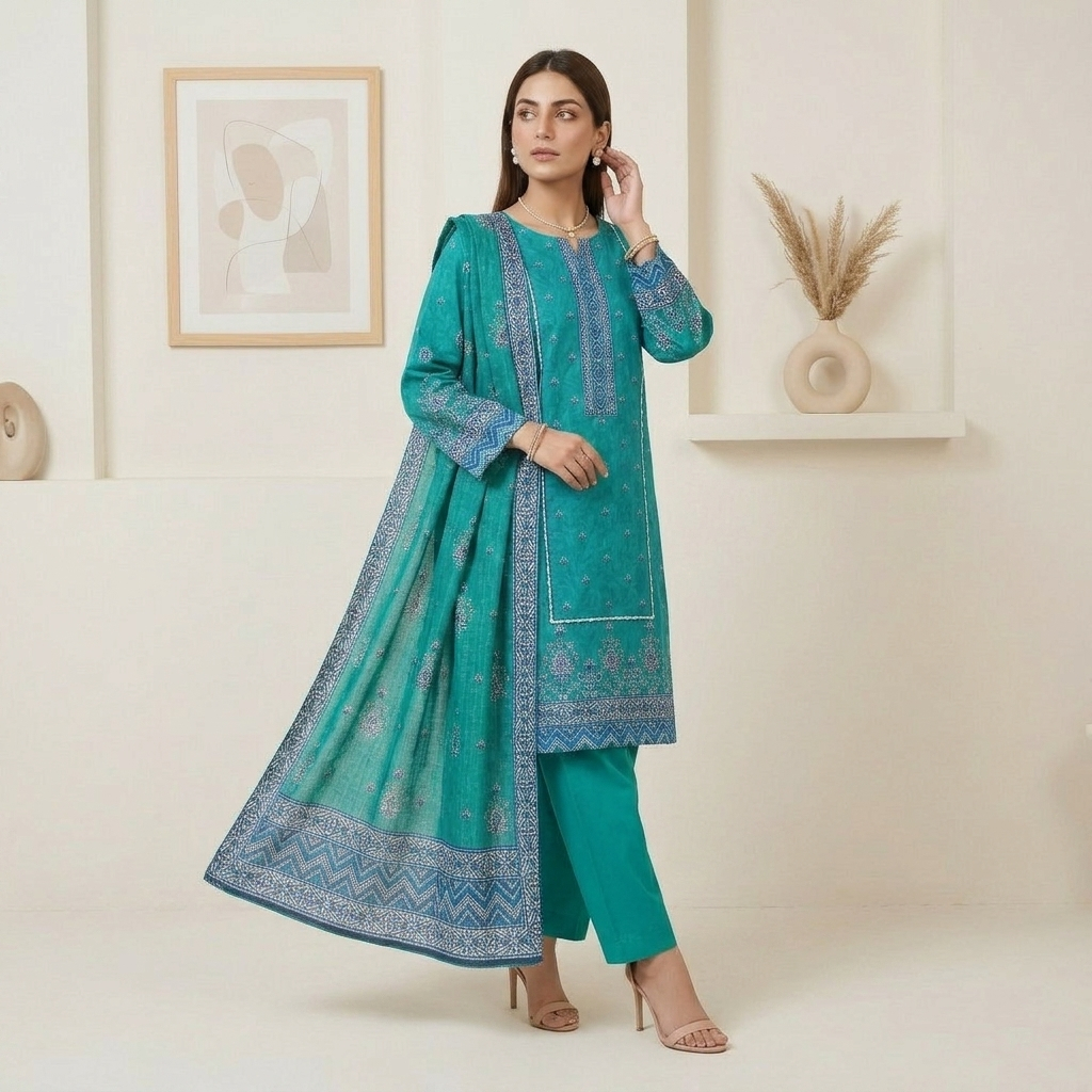 Elegant Turquoise Wholesale Bin Saeed Lawn Shalwar Kameez