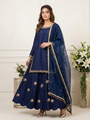 Embellished Navy Blue Silk Flared Lehenga Set Made to Order