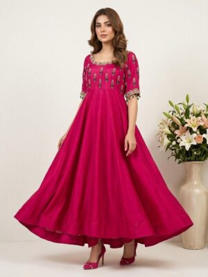 Embellished Vibrant Fushia Pink Silk Maxi | Made to Order