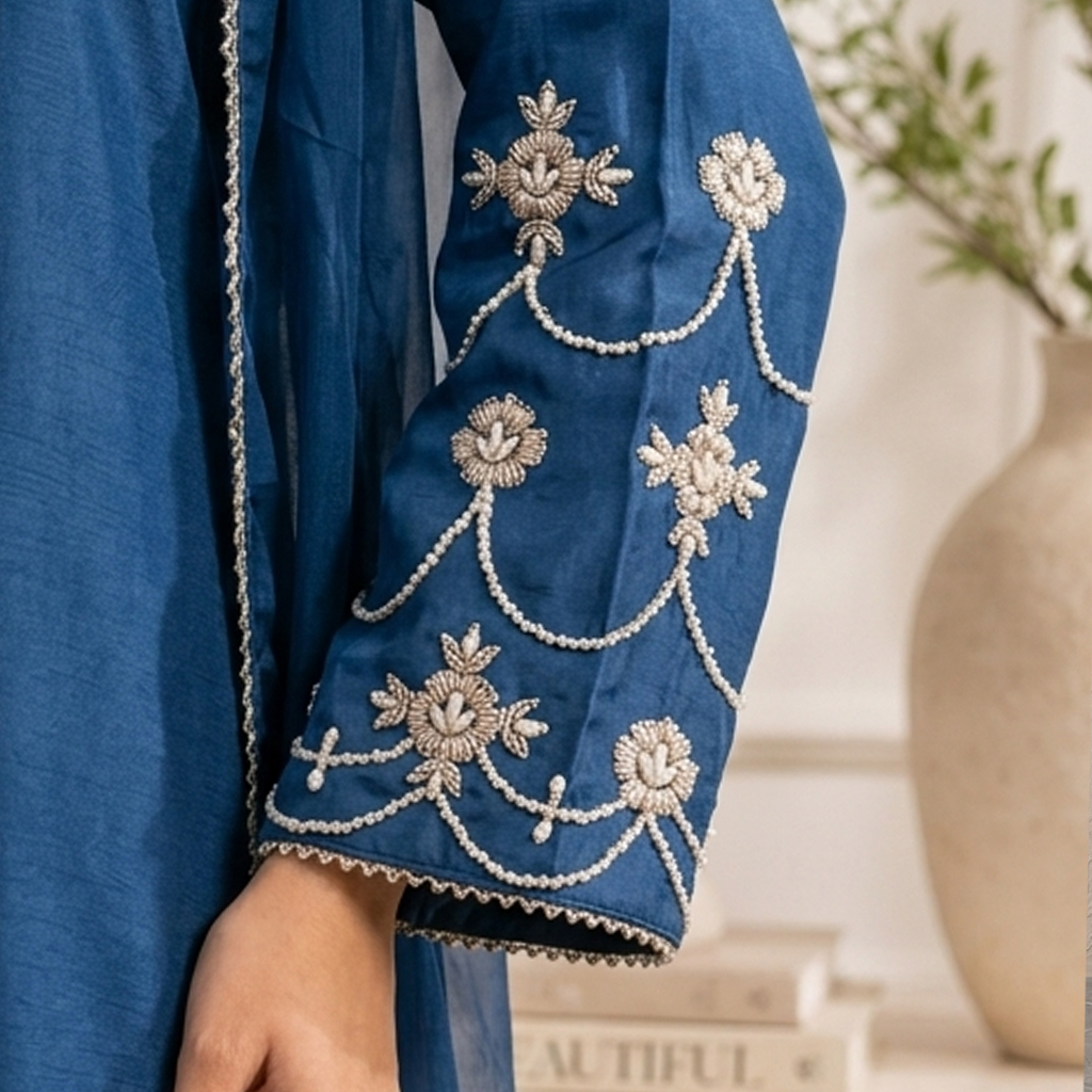Light Navy Silk 3pc outfit Made to Order