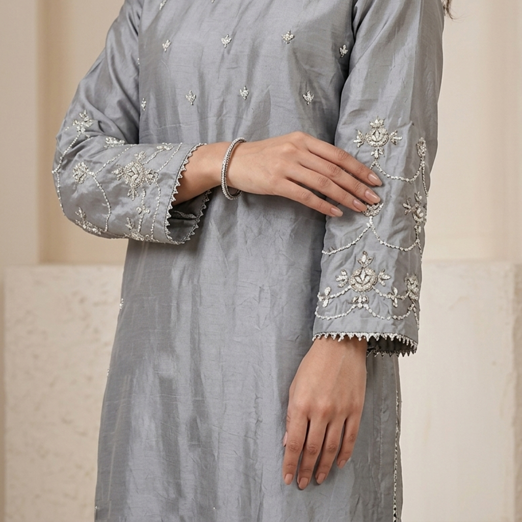 Nobel Grey Silk 3pc Outfit Made to Order