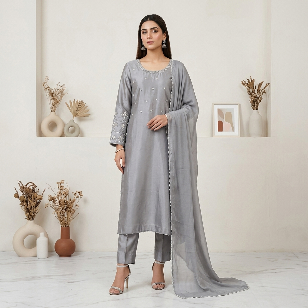 Nobel Grey Silk 3pc Outfit Made to Order