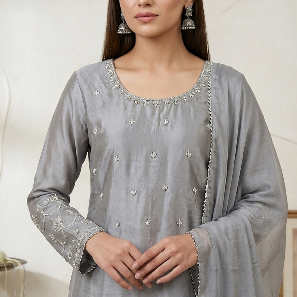 Nobel Grey Silk 3pc Outfit Made to Order