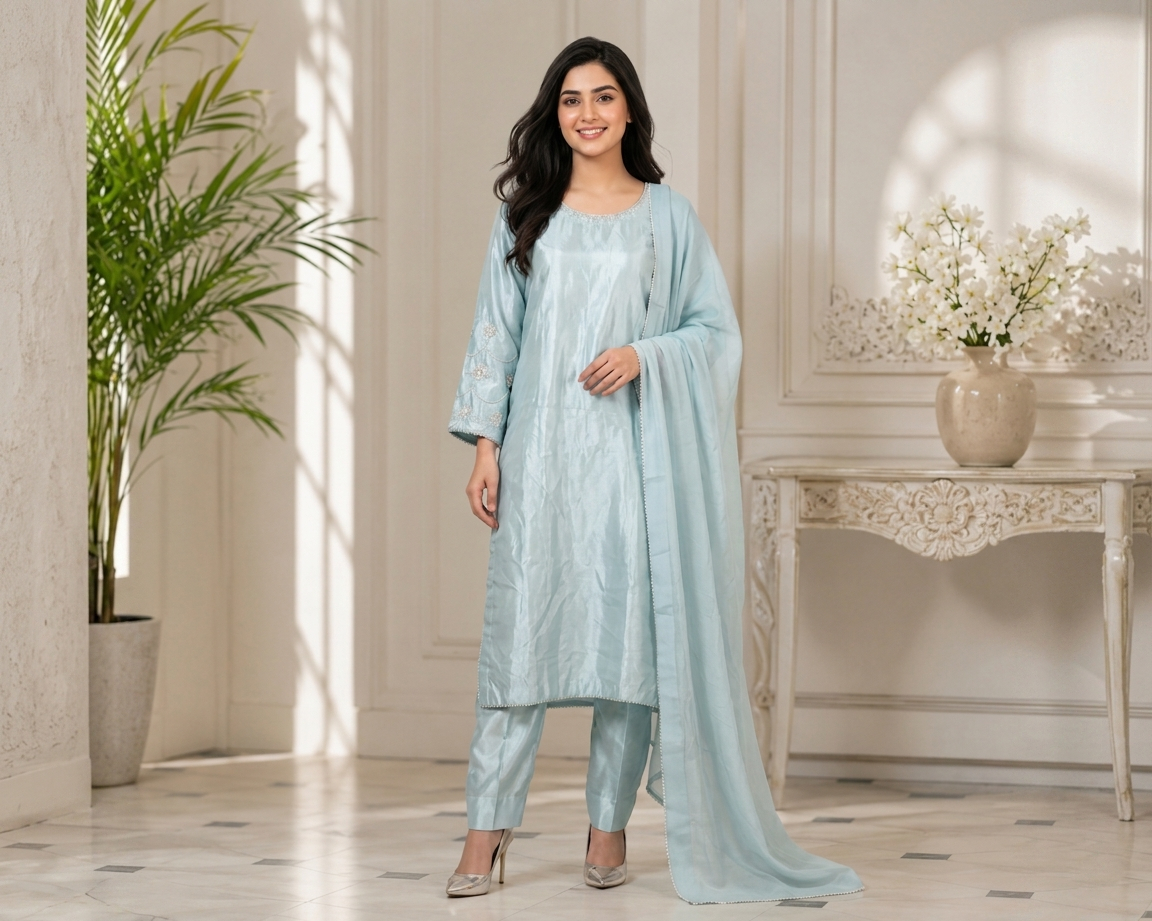 Premium Sky Blue Silk 3pc Outfit Made to Order
