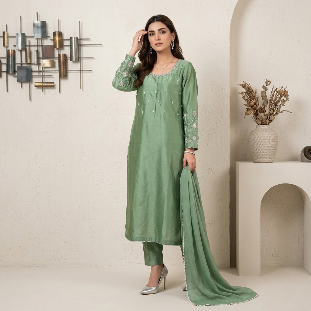 Sage Green Silk 3pc Outfit Made to Order