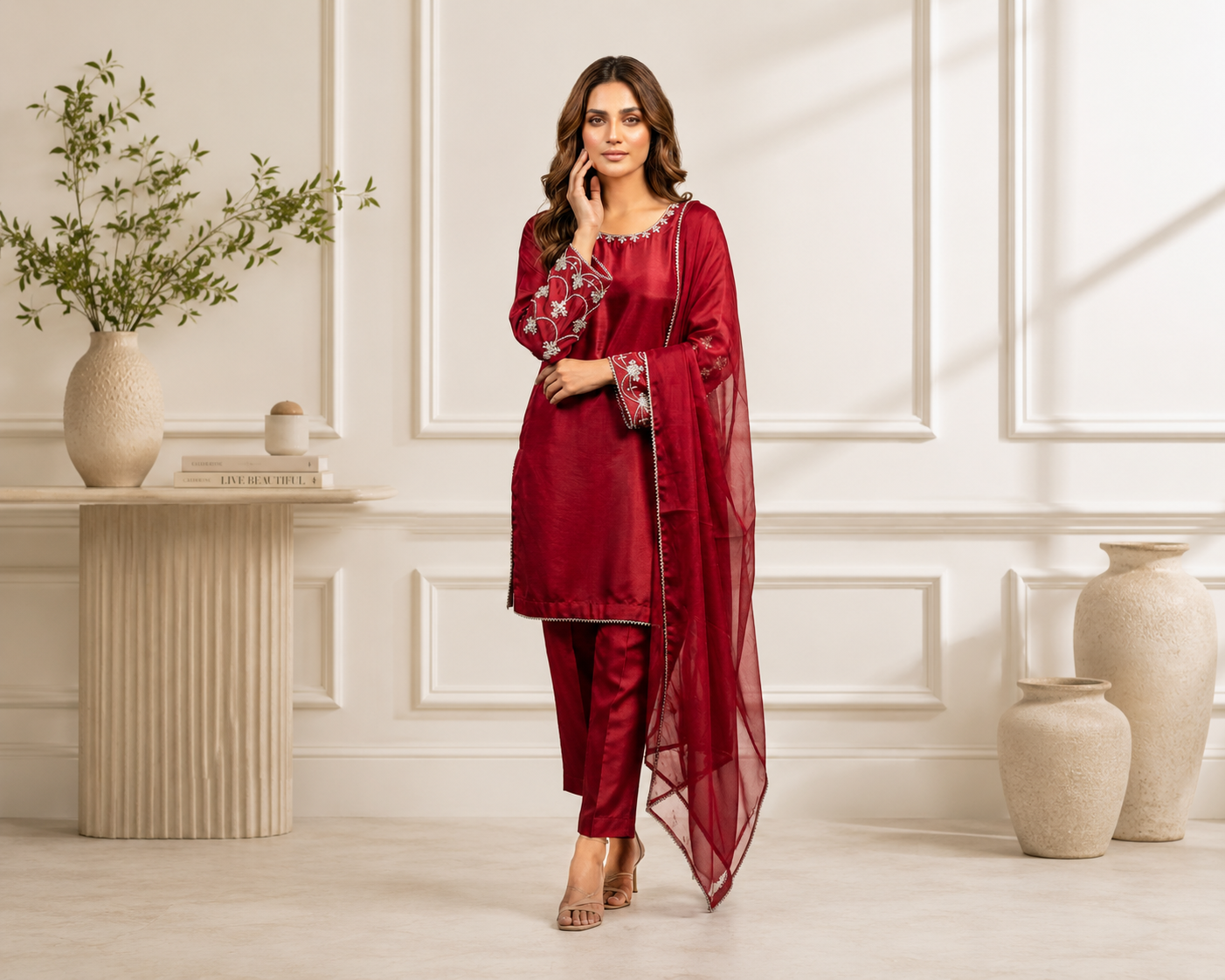 Wine Red Silk 3pc Outfit Made to Order