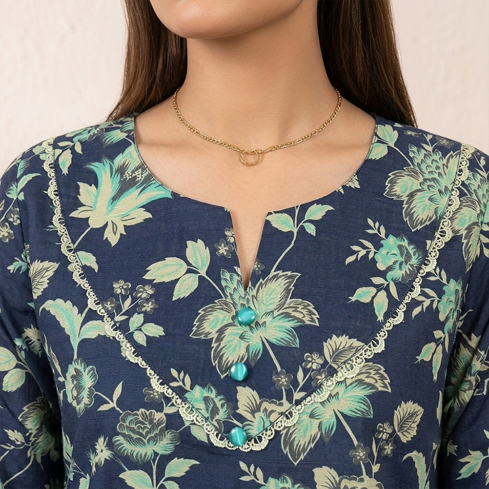 Indigo Blue Floral Printed Khaddar Pakistani Wholesale Suit