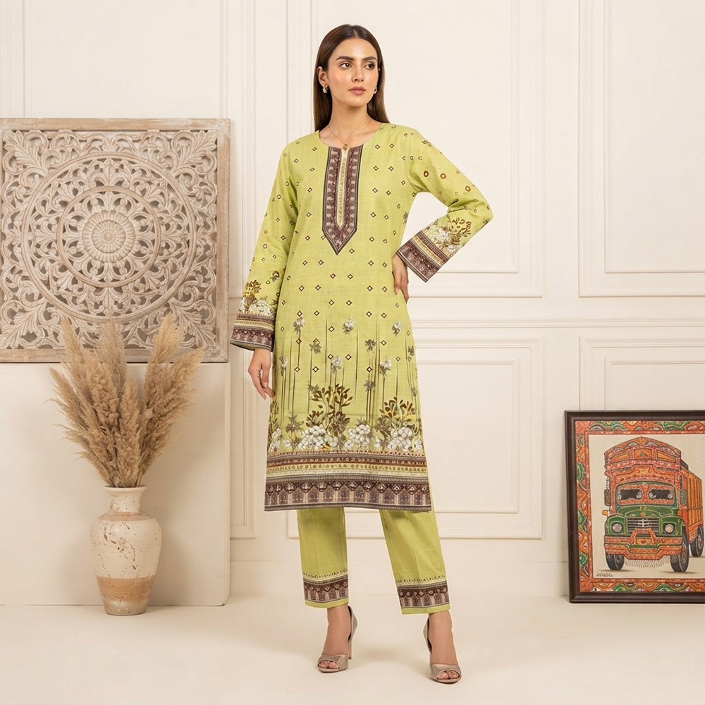 Lime Green Printed Wholesale Khaddar Pakistani Suit