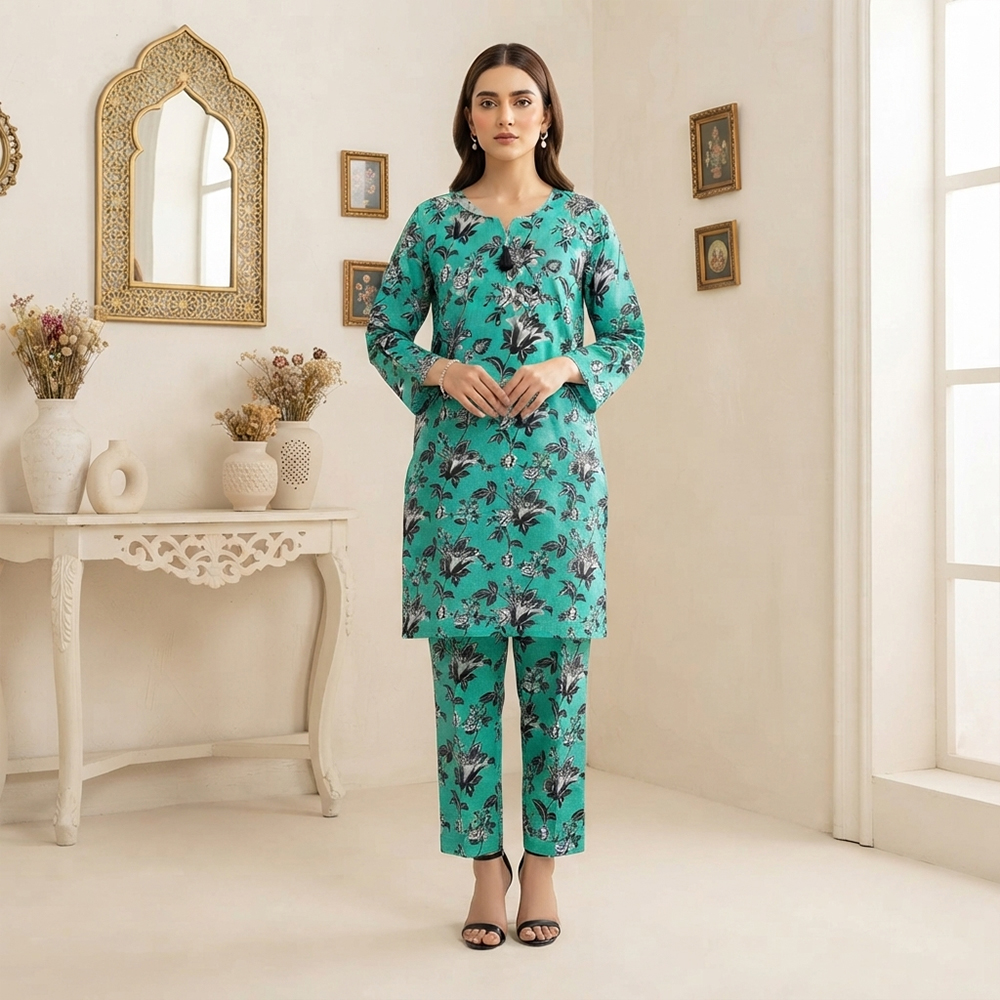 Mint Green Printed 2pc Pakistani Khaddar Suit Wholesale