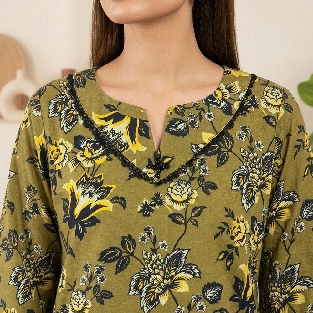 Olive Green Floral Printed Khaddar Pakistani Suit Wholesale