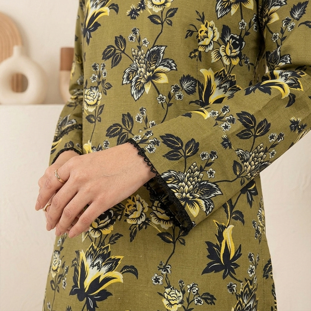 Olive Green Floral Printed Khaddar Pakistani Suit Wholesale