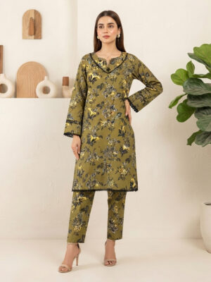 Olive Green Floral Printed Khaddar Pakistani Suit Wholesale